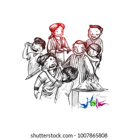 Holi celebrations - Boy's playing holi isolated on colorful background, Hand Drawn Sketch Vector illustration. Holi celebrations - Boy's playing holi isolated on colorful background, Hand Drawn Sketch Vector illustration.