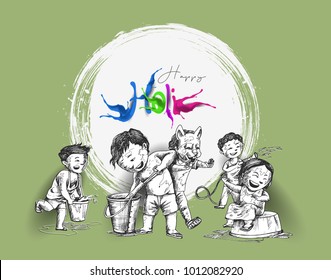 Holi celebrations - Boy's playing holi isolated on colorful background, Hand Drawn Sketch Vector illustration. Holi celebrations - Boy's playing holi isolated on colorful background, Hand Drawn Sketch Vector illustration.