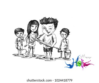 Holi celebrations - Boy's playing holi isolated on colorful background, Hand Drawn Sketch Vector illustration. 
