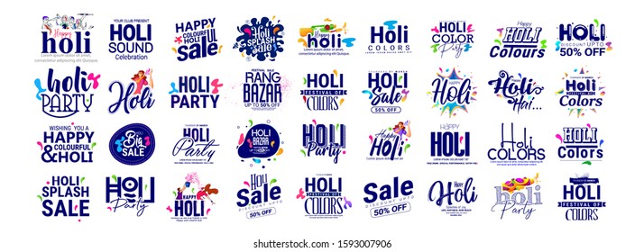 Holi celebrations, set of Holi calligraphy with colors and background