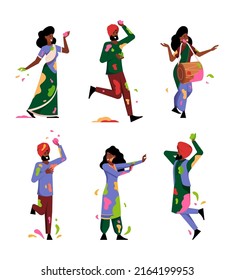 Holi characters. Happy dancers with colored paint costumes playing in action poses garish vector holi illustrations collection