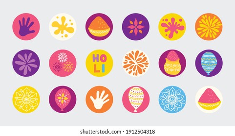 Iconos de círculo Holi con forma de palma, salpicaduras, polvo de color, globo, fuegos artificiales, mandala en rosa, amarillo, violeta y azul. Perfecto como pegatinas de círculo para las vacaciones indias, destaque las cubiertas