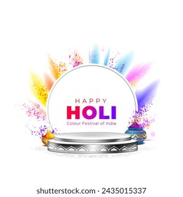 Holi color background and podium stage with Happy Holi Indian festival of colours text.