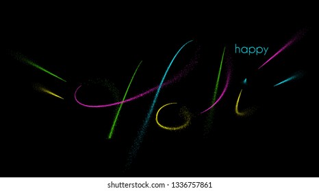 Holi colorful calligraphic lettering poster. Colorful hand written font with paint/ink splatters. 