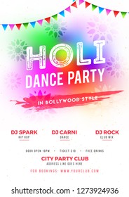 Holi-Tanz-Party-Vorlage oder Flyer-Design mit Zeit, Datum und Veranstaltungsdetails.