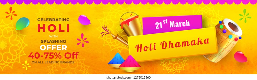 Holi Dhamaka offer with 40% to 75% discount offers and realistic festival elements on yellow texture background. Advertisement header or banner design.