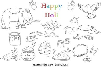 Holi doodles collection. Different bird, objects, elephant, powders etc. Indian holiday line art