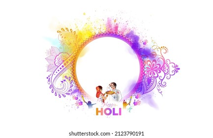 Holi festival background banner poster. Indian people and children playing holi. Traditional Colors festival celebration.