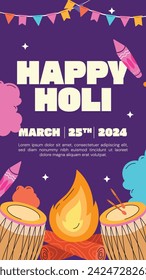 Holi Festival background. Happy Holi background. Holi festival celebration. March 25. Cartoon Vector illustration design for Poster, Banner, Greeting, Card, Post, Cover, Flyer. Festival of Colors.