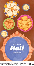 Holi Festival background. Happy Holi background. Holi festival celebration. March 25. Cartoon Vector illustration design for Poster, Banner, Greeting, Card, Post, Cover, Flyer. Festival of Colors.