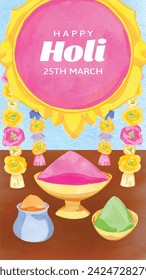 Holi Festival background. Happy Holi background. Holi festival celebration. March 25. Cartoon Vector illustration design for Poster, Banner, Greeting, Card, Post, Cover, Flyer. Festival of Colors.