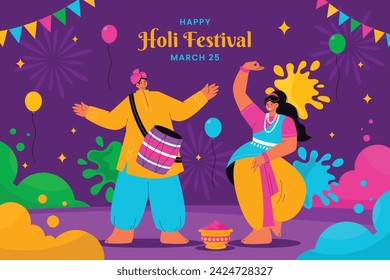 Holi Festival background. Happy Holi background. Holi festival celebration. March 25. Cartoon Vector illustration design for Poster, Banner, Greeting, Card, Post, Cover, Flyer. Festival of Colors.