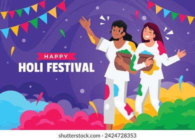 Holi Festival background. Happy Holi background. Holi festival celebration. March 25. Cartoon Vector illustration design for Poster, Banner, Greeting, Card, Post, Cover, Flyer. Festival of Colors.