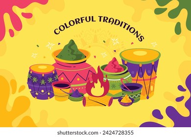 Holi Festival background. Happy Holi background. Holi festival celebration. March 25. Cartoon Vector illustration design for Poster, Banner, Greeting, Card, Post, Cover, Flyer. Festival of Colors.