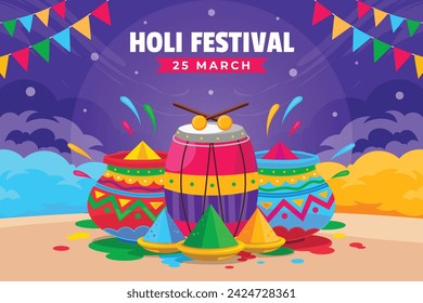 Holi Festival background. Happy Holi background. Holi festival celebration. March 25. Cartoon Vector illustration design for Poster, Banner, Greeting, Card, Post, Cover, Flyer. Festival of Colors.