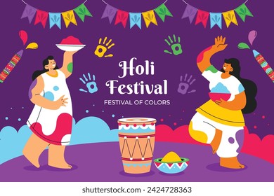 Holi Festival background. Happy Holi background. Holi festival celebration. March 25. Cartoon Vector illustration design for Poster, Banner, Greeting, Card, Post, Cover, Flyer. Festival of Colors.