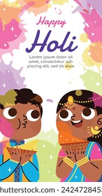 Holi Festival background. Happy Holi background. Holi festival celebration. March 25. Cartoon Vector illustration design for Poster, Banner, Greeting, Card, Post, Cover, Flyer. Festival of Colors.