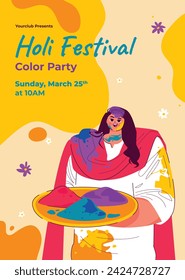 Holi Festival background. Happy Holi background. Holi festival celebration. March 25. Cartoon Vector illustration design for Poster, Banner, Greeting, Card, Post, Cover, Flyer. Festival of Colors.