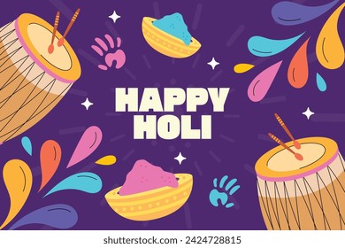 Holi Festival background. Happy Holi background. Holi festival celebration. March 25. Cartoon Vector illustration design for Poster, Banner, Greeting, Card, Post, Cover, Flyer. Festival of Colors.