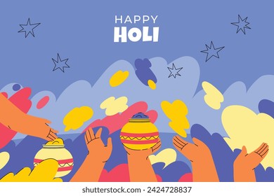 Holi Festival background. Happy Holi background. Holi festival celebration. March 25. Cartoon Vector illustration design for Poster, Banner, Greeting, Card, Post, Cover, Flyer. Festival of Colors.