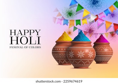 holi festival background. indian colors festival with color powder pots and colorful pennants