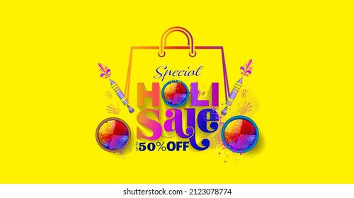 Holi Festival Background With Sales Promotional Offer, Shopping Bag And Typography Of Special Holi Sale Text.  Website Banners, Flyers, Invitation And Posters