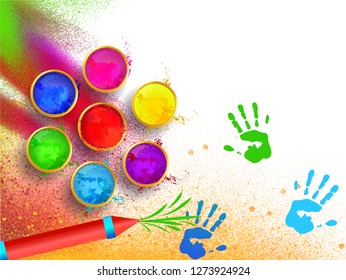 Holi festival background with top view of color bowls and guns. Poster or banner design for celebration concept.