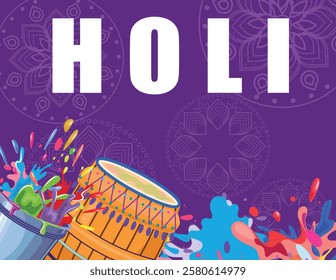 Holi festival banner featuring a bucket of colors splashing, a drum, and festive elements against a purple background with mandalas