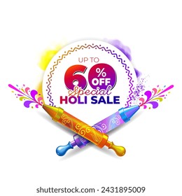 Holi festival banner poster for Sale, shopping, offer, logo, discount and promotional advertising background. Colorful Holi color splash with Flat 60% off text.