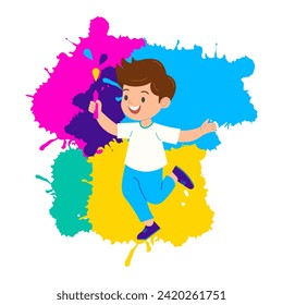 Holi festival. Boy enjoy holi festival and playing pichkari. Vector illustration