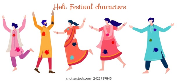 holi festival celebration characters playing with colors