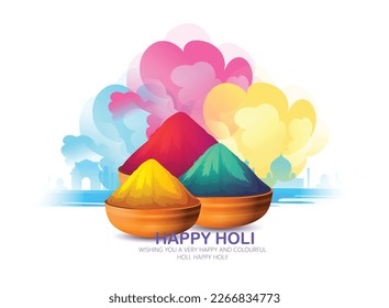 Holi Festival celebration. Colorful background People playing with Gulal, pichkari, traditional pot 