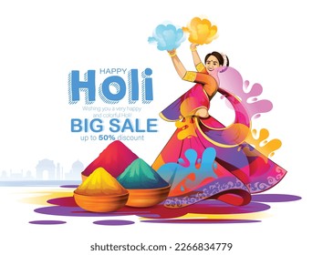 Holi Festival celebration. Colorful background People playing with Gulal, pichkari, traditional pot 