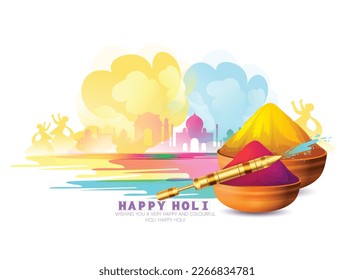 Holi Festival celebration. Colorful background People playing with Gulal, pichkari, traditional pot 