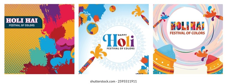 Holi festival celebration poster. A splash of bright colors with traditional elements.Holi festival of colors celebration in India. Happy Holi concept. Set flat vector illustration.