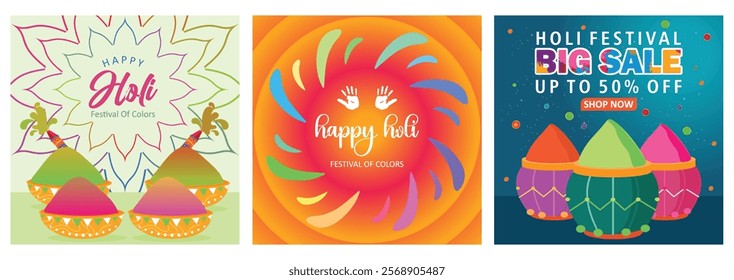 Holi festival with colorful gulal. Festival of colors in India. Shopping promotions on Holi festival. Holi hai concept. Set flat vector illustration.