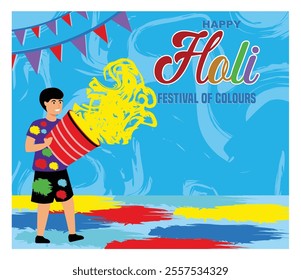 Holi festival with colorful powder and festive banners on bright background. Perfectly capture the joyful spirit and cultural essence of this traditional celebration. Flat vector modern illustration