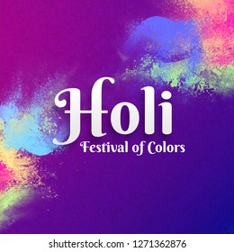 Holi Festival Of Colors celebration greeting card design with colours splash on purple background.