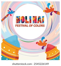 Holi festival of colors celebration in India. Colorful powder splash with text Holi Hai Festival of Colors. Holi hai concept. Flat vector illustration.