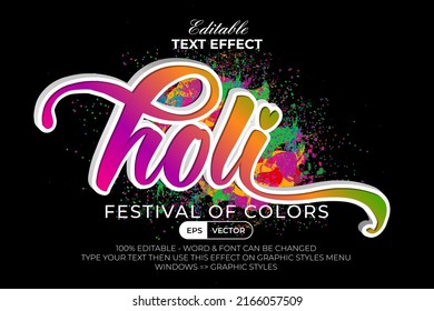 Holi festival of colors editable text effect style. 3D color gradient text effect vector illustration.