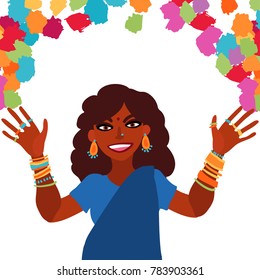 Holi festival of colors. Smiling Indian woman dressed in sari throwing paint in the air flat illustration.