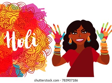 Holi festival of colors. Smiling indian woman dresed in sari showing hands covered in paint flat illustration. Hand written brush lettering . Abstract background with round decoration and paint spots.