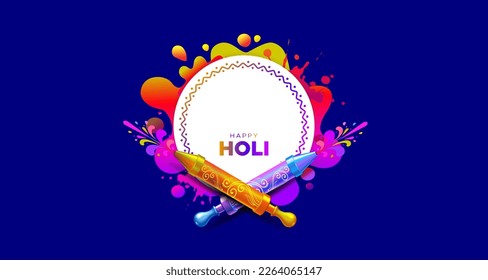 Holi Festival colors splash background. Website banner template design with Happy Holi text. Indian traditional festival of colors.