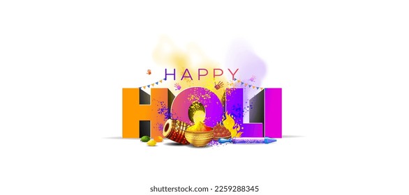 Holi festival concept background. Happy Holi 3D text. Indian traditional festival of colors. Holi festival colors splash and fun elements.