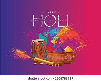 Holi festival creative banner template design with illustration of various elements.