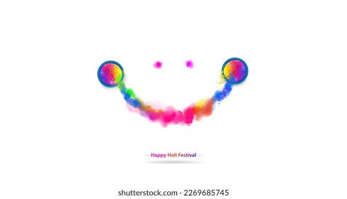 Holi Festival Creative Concept. Happy Holi festival text with colorful color splash. Fun smile design. Vector illustration.