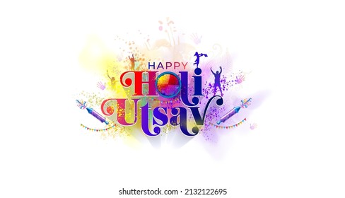 Holi festival creative poster design with children people and splash of colorful gulal text Happy Holi utsav