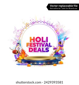 Holi festival deals text with holi celebration background. Indian traditional decor with podium stage and color fun background.