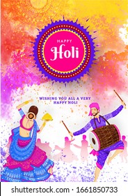 Holi Festival Flyer with Illustration of Indian Young Couples in Traditional Attires Performing Dance.