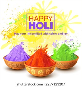 Holi festival greeting background with bowls and gulal (paint). Vector illustration.